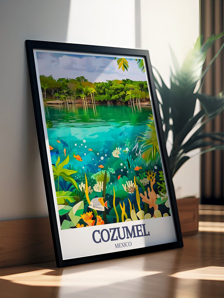 Cozumel Wall Art highlighting the beauty of Palancar Reef and Chankanaab National Park perfect for creating a relaxed tropical atmosphere in your home. This vibrant artwork is ideal for modern living room decor and adds warmth and color to any space.