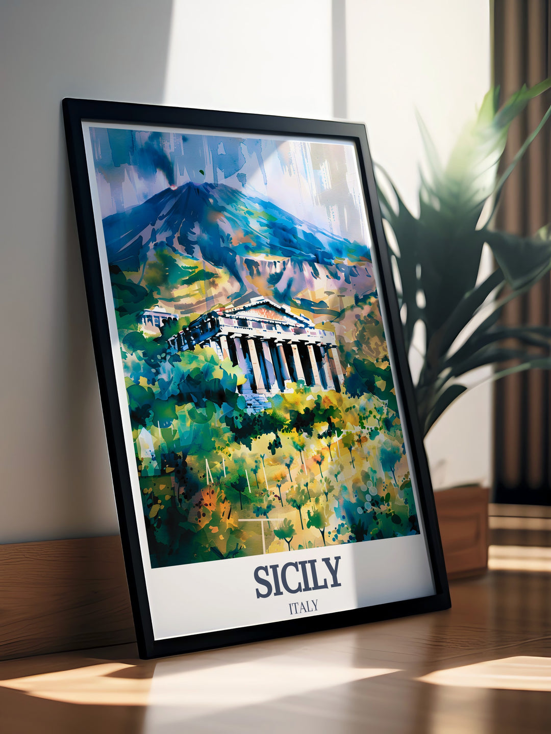 Discover the rich history of Sicily with this vibrant art print featuring the Valley of the Temples and the majestic Mount Etna. This travel poster captures the beauty and ancient wonders of Sicily, making it a perfect addition to any home décor or an ideal gift for Italy lovers.