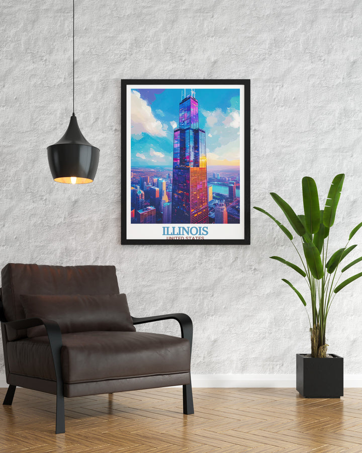 This personalized travel poster features the stunning Willis Tower and Chicago skyline, capturing the essence of the Windy City. Its an excellent choice for anyone looking to celebrate their love for Chicago with stylish and contemporary wall art.