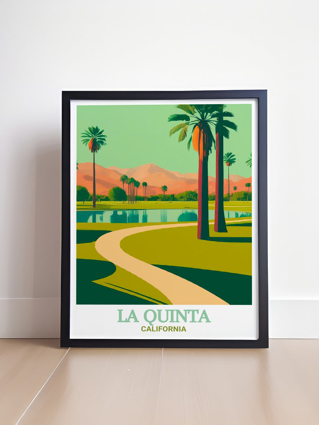 La Quinta travel poster featuring Civic Center Park, a popular destination in California. This art print highlights the parks fountains, greenery, and scenic walking paths, creating a tranquil addition to your home. Ideal for those looking to bring a piece of nature indoors.