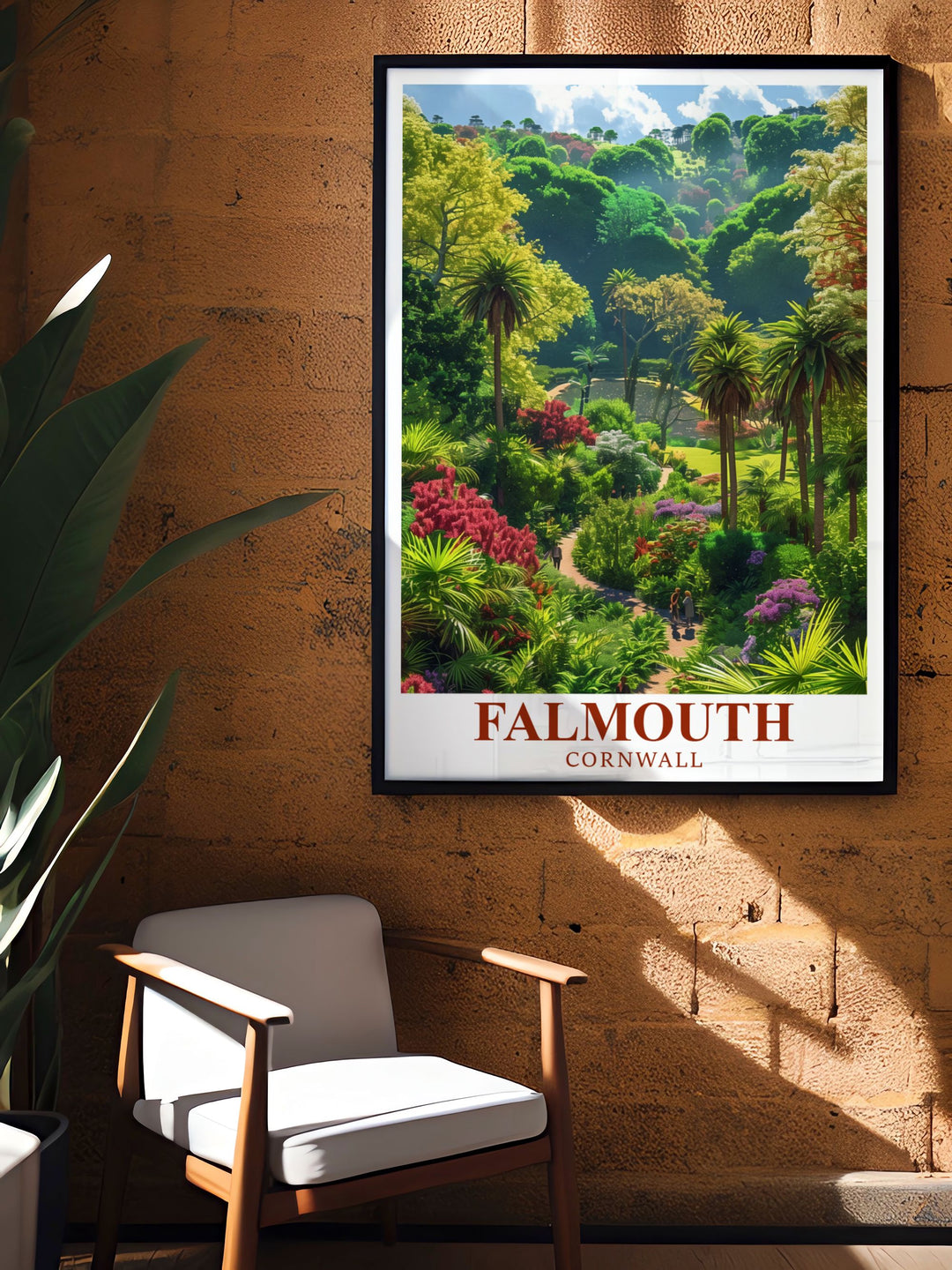 Trebah Garden wall art featuring the stunning garden in Falmouth, Cornwall. This travel poster is perfect for decorating your home with a touch of Cornwalls natural splendor and serene scenery.
