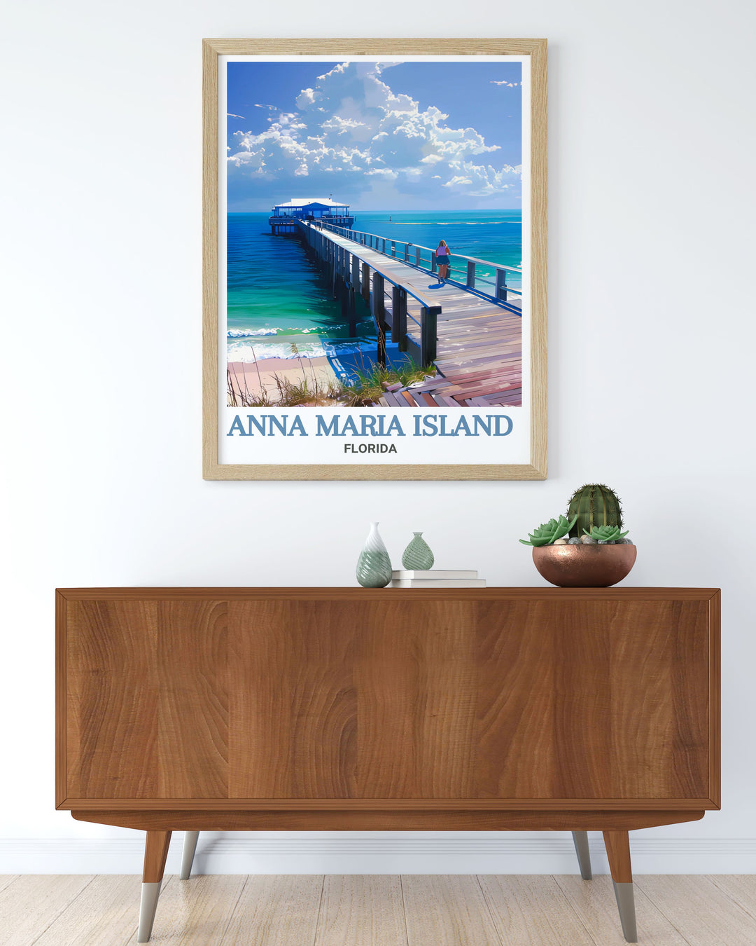 Florida travel print featuring Anna Maria City Pier in a colorful city palette that brings the calm waters and coastal charm into your home decor. This artwork is a modern take on Floridas classic pier scene suitable for any space in your home.