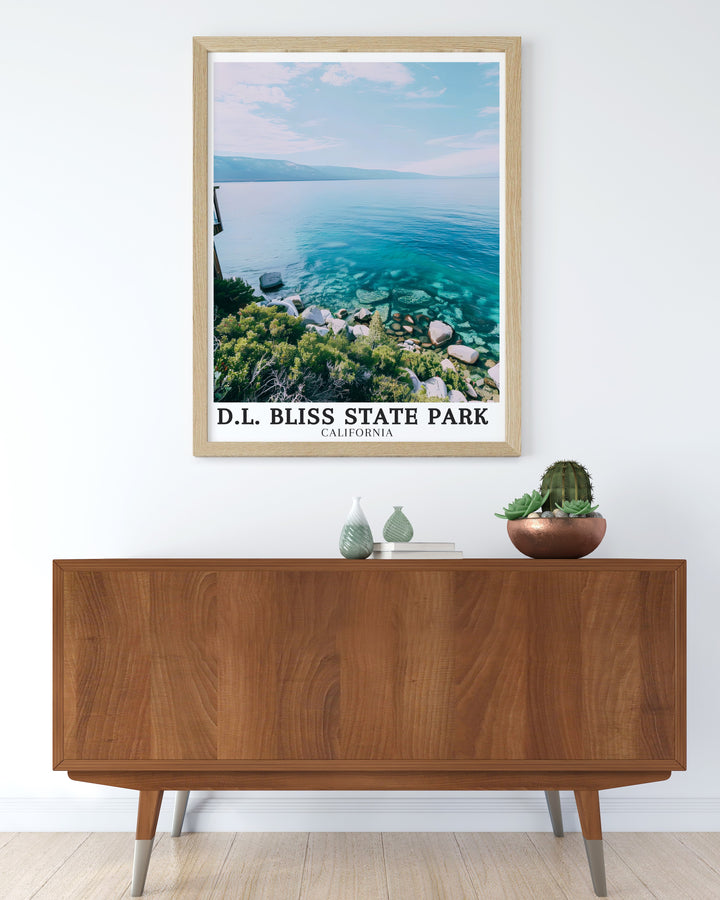 Elevate your home decor with our Rubicon Point Lake Tahoe art prints capturing the breathtaking views of Bliss State Park in California. These elegant framed prints bring the peaceful landscapes of Lake Tahoe into your living room creating a tranquil atmosphere