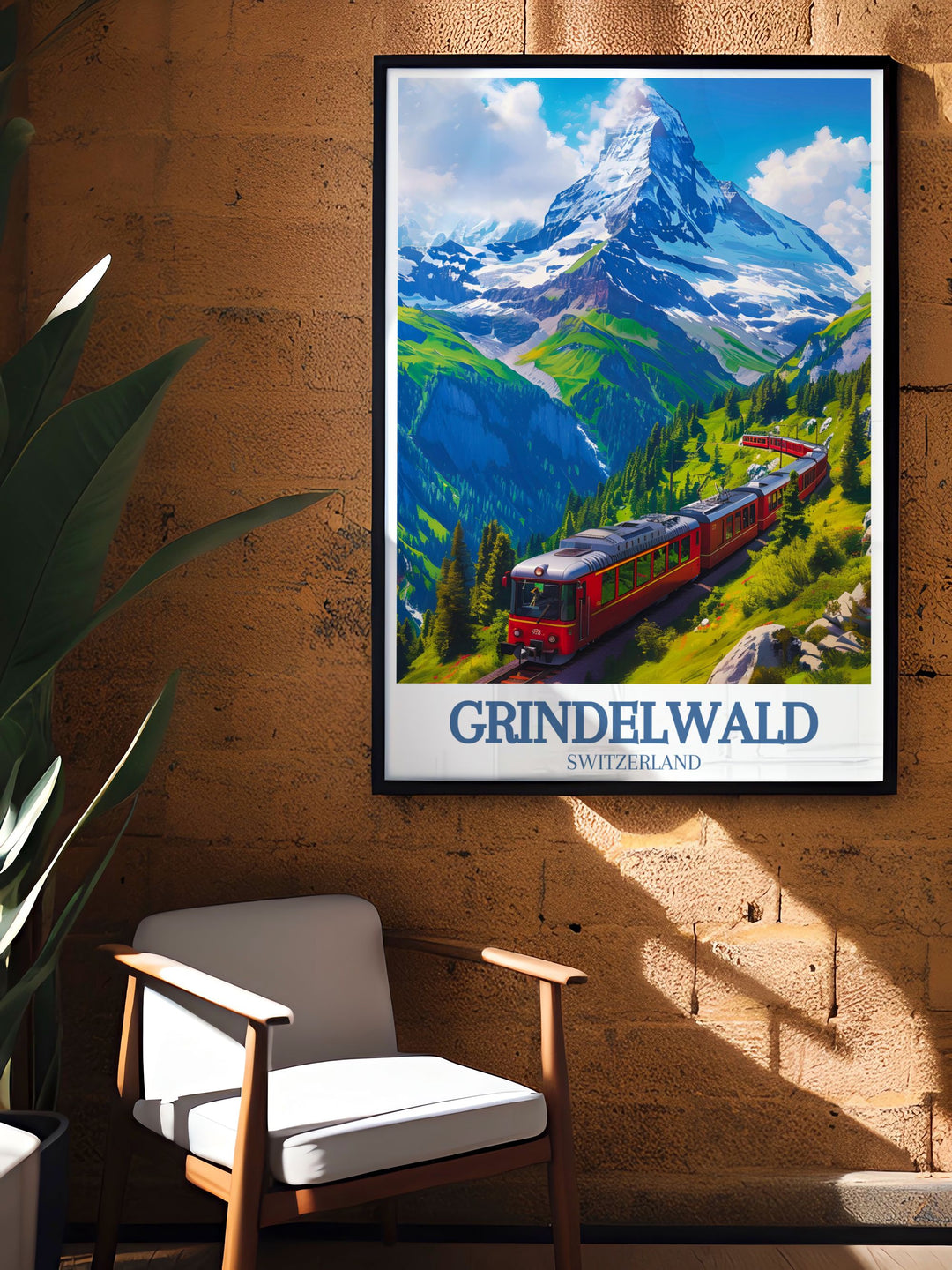 An elegant vintage print of Eiger mountain Grindelwald First showcasing the serene landscapes of the Swiss Alps. Perfect for Grindelwald decor this wall art captures the beauty of the mountain village.