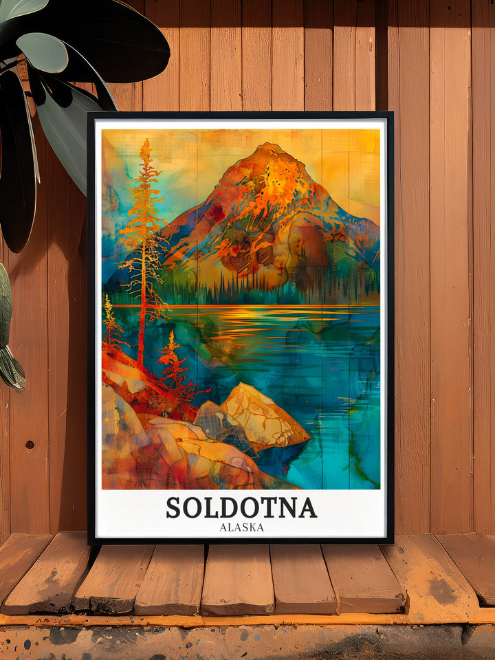 Elegant Alaska wall art showcasing the peaceful Kenai River and the dramatic Ptarmigan Peak. This detailed artwork captures the essence of Alaskas natural beauty, perfect for enhancing any space