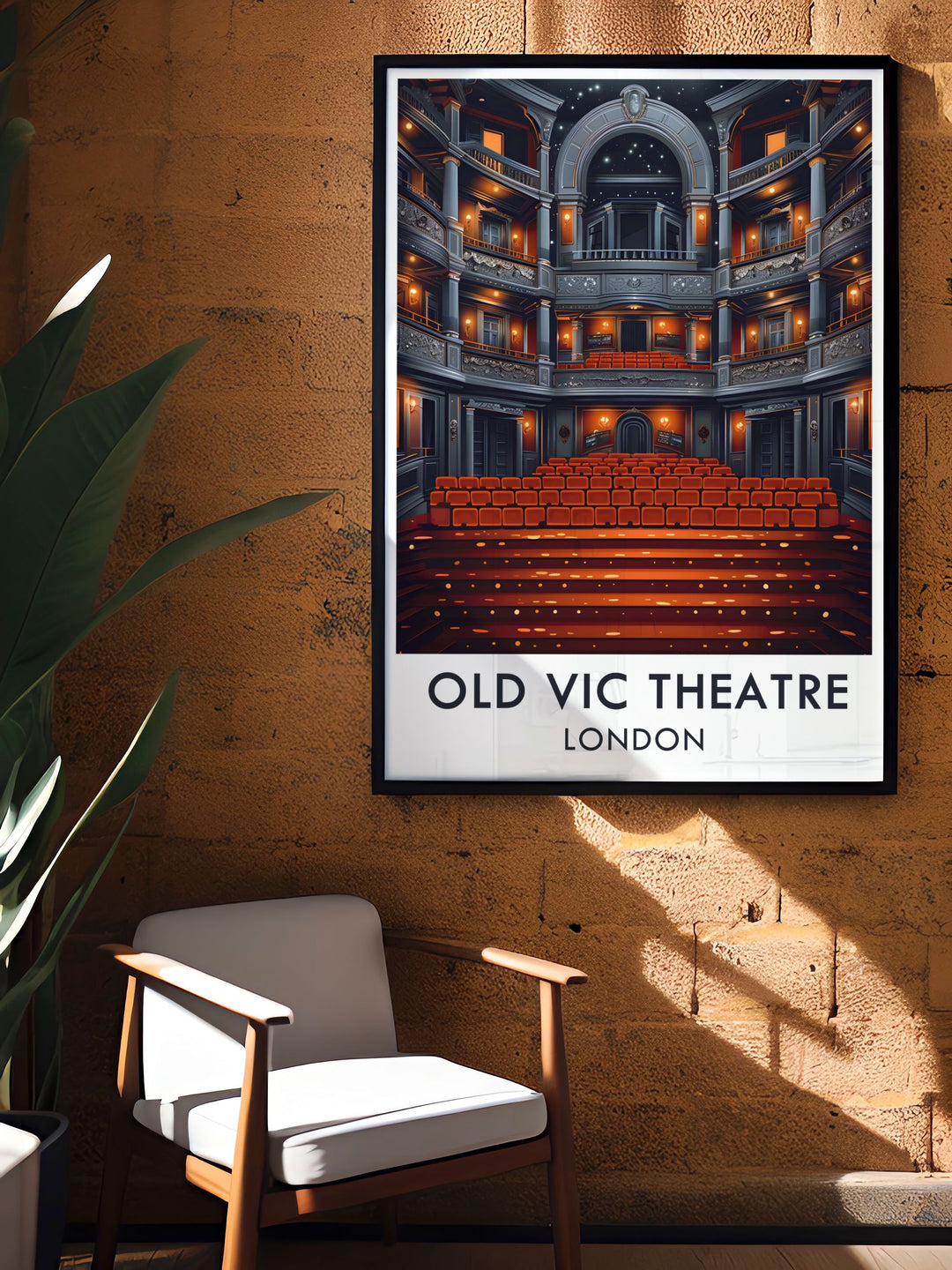 This vintage style travel print showcases the iconic main auditorium of Londons Old Vic Theatre. The detailed illustration and retro aesthetic make it a striking piece of décor for any room, celebrating the elegance of Londons National Theatre district.