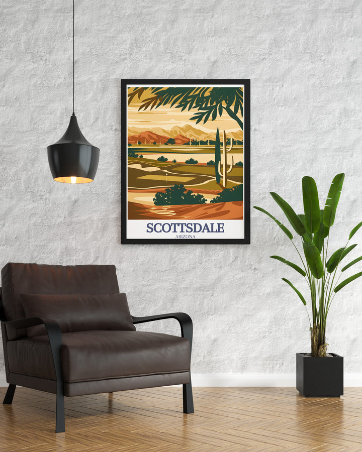 Add a touch of Arizonas natural beauty to your space with this Scottsdale Travel Poster, featuring the famous Talking Stick Golf Club and the serene landscape of Talking Stick Way. A stunning piece for those who appreciate the desert.