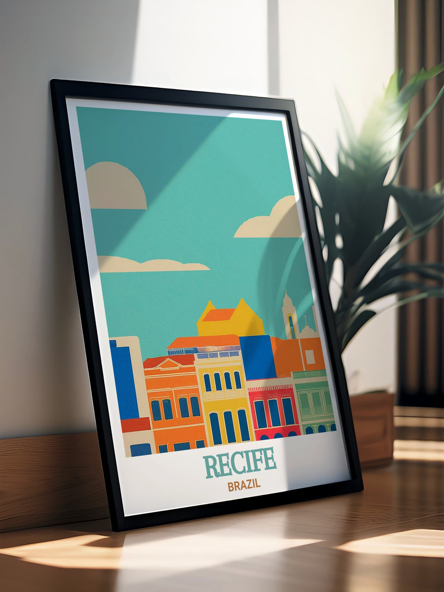 Framed art print of Recife Antigo in Brazil, showcasing the vivid colors and historic significance of this iconic area. The poster captures the essence of Recifes vibrant streets, ideal for those who love travel inspired home decor.