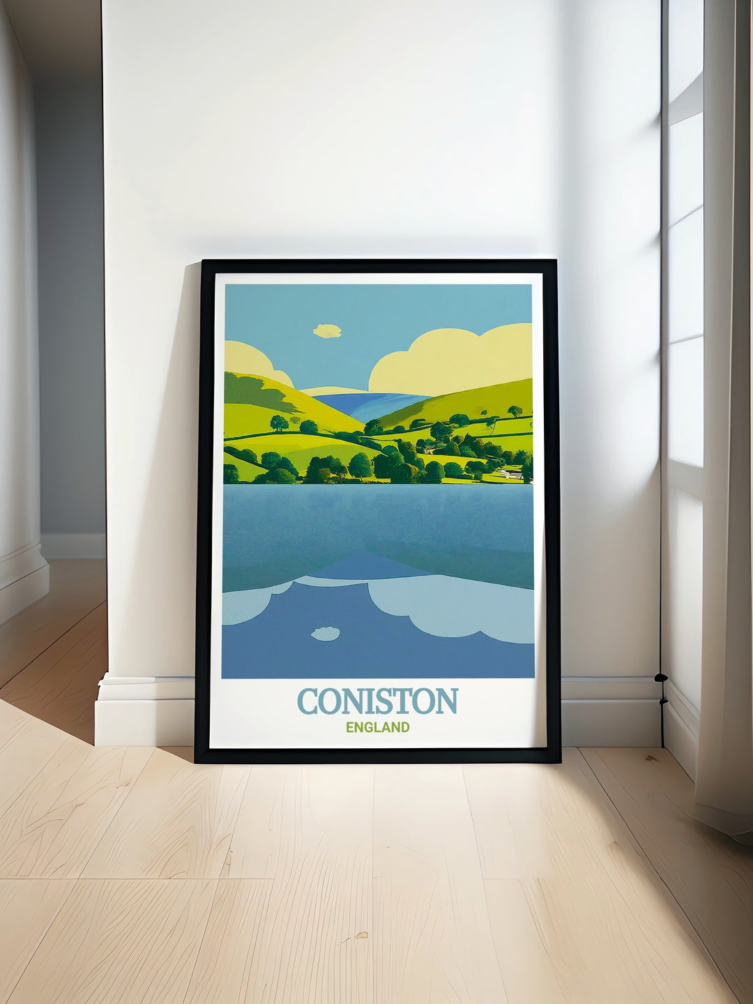 Vintage style poster of Coniston Water, celebrating the timeless beauty of the Lake District with its reflective waters and scenic fells, perfect for adding a classic touch to your wall decor.