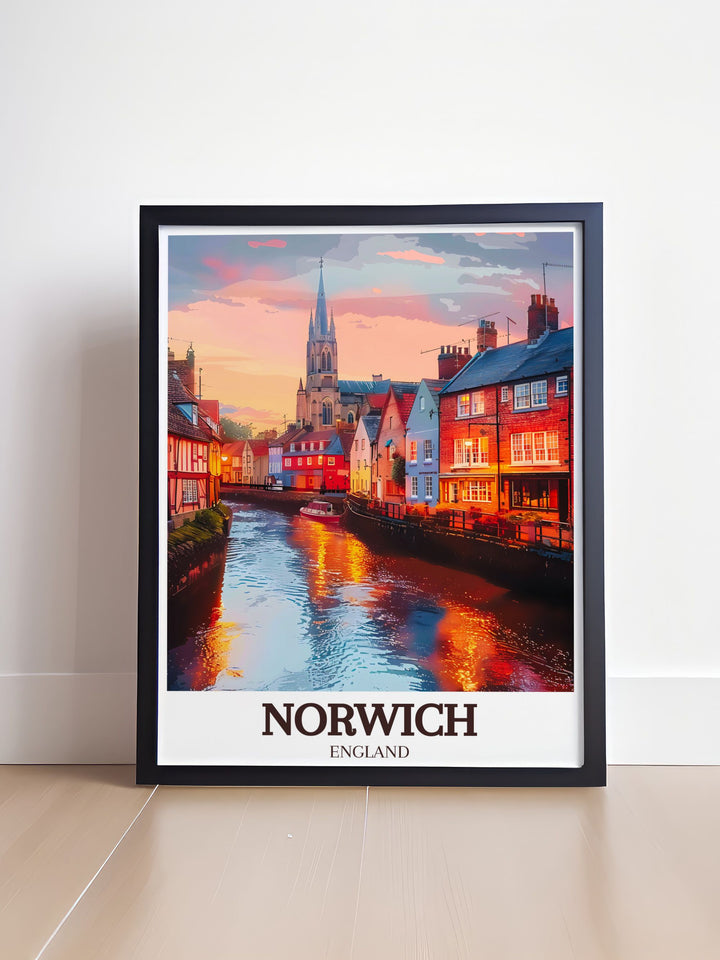 Blakeney Norfolk poster with beautiful illustrations of Blakeney Harbour and the Norfolk Coast Path a perfect addition to any collection of art and collectibles includes the River Wensum Tudor buildings and The Norwich Cathedral.