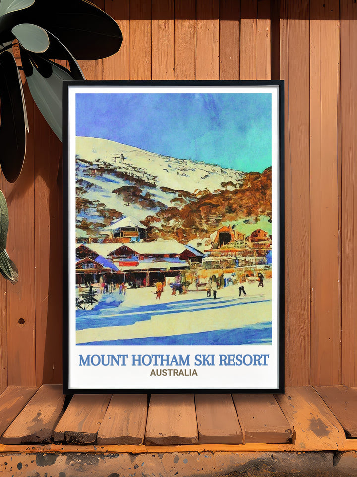 This Mount Hotham poster highlights the adventure of skiing and snowboarding in Australias premier winter destination. With stunning views of the Victorian Alps and Hotham Alpine Village, it makes a great gift for outdoor enthusiasts.