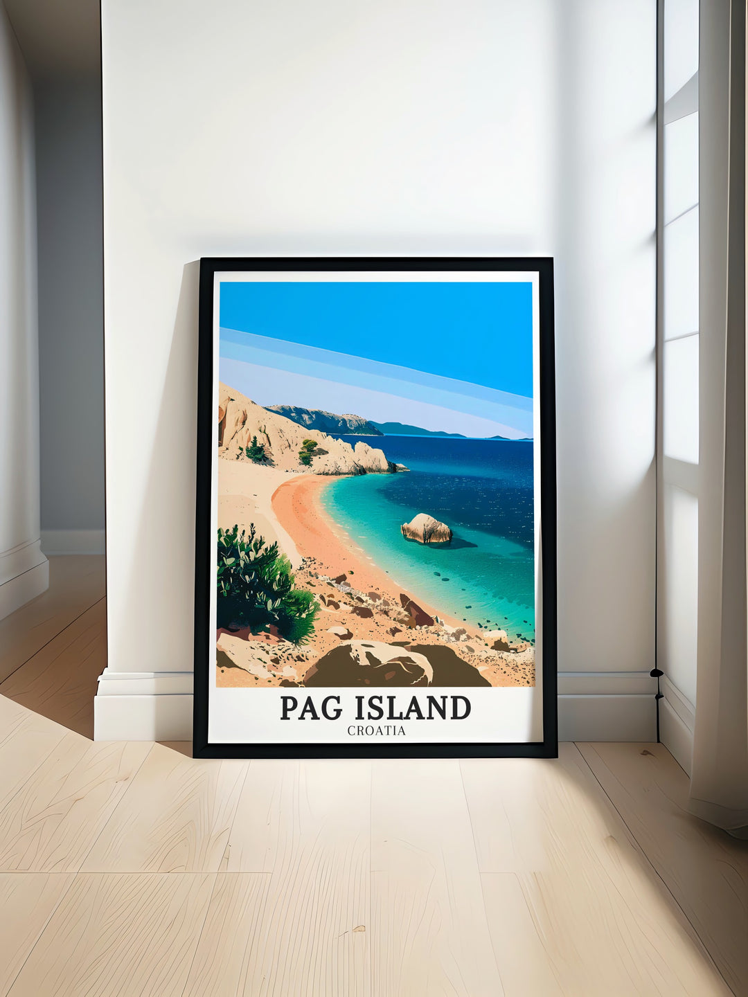 Pag Island Print featuring Croatia Travel Art Adriatic region Lokacija Wall Decor Perfect for enhancing your living space with a touch of coastal elegance vibrant colors capture the beauty of the island ideal for any home office or gift.