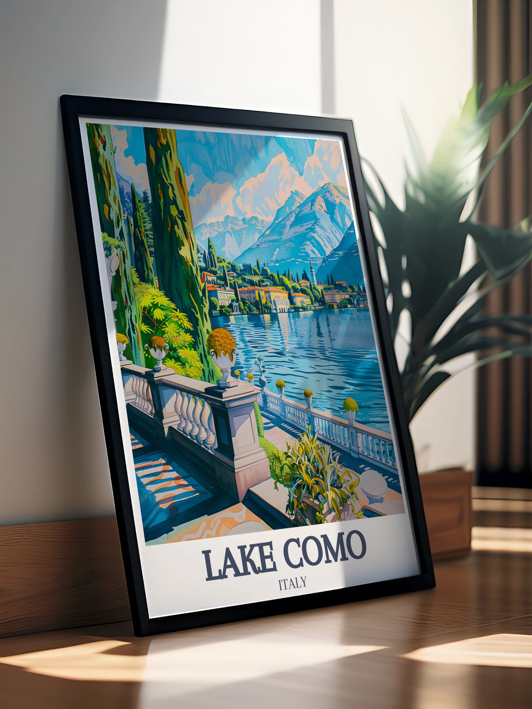 Stunning Villa Carlotta and Lombard Pre Alps in this Lake Como Poster Print a beautiful depiction of northern Italy perfect for anyone who loves Italy prints and wants to enhance their home with timeless wall art