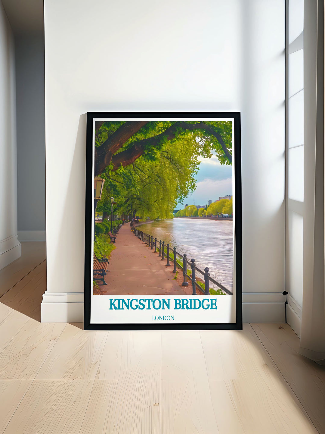 This travel poster captures the historical significance of Kingston Bridge in London, showcasing its architectural elegance and timeless charm.