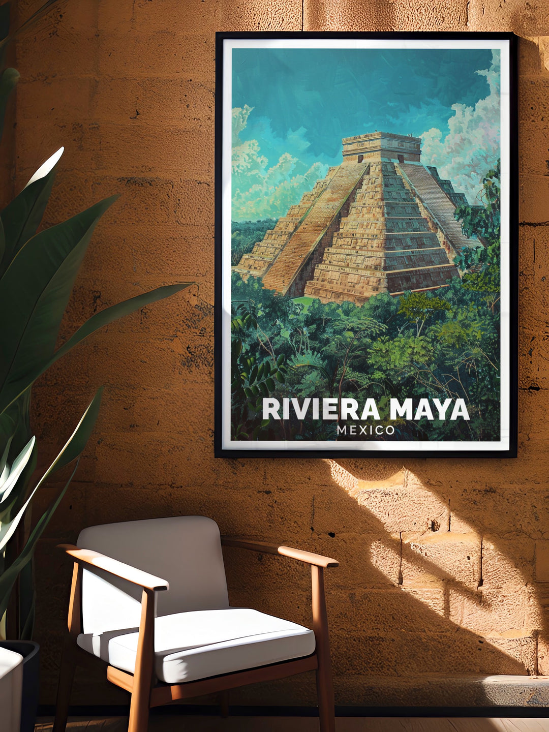 Bring the stunning Riviera Maya to your home with this vibrant travel print, featuring golden sands, crystal clear waters, and the ancient majesty of Chichén Itzá. Ideal for those who love beach decor and tropical vibes.