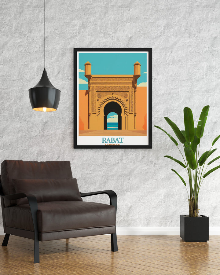 Beautiful Rabat Art Print highlighting the Kasbah of the Udayas in vibrant colors a great addition to living room decor perfect for those who love modern prints and want to bring a piece of Moroccan heritage into their home