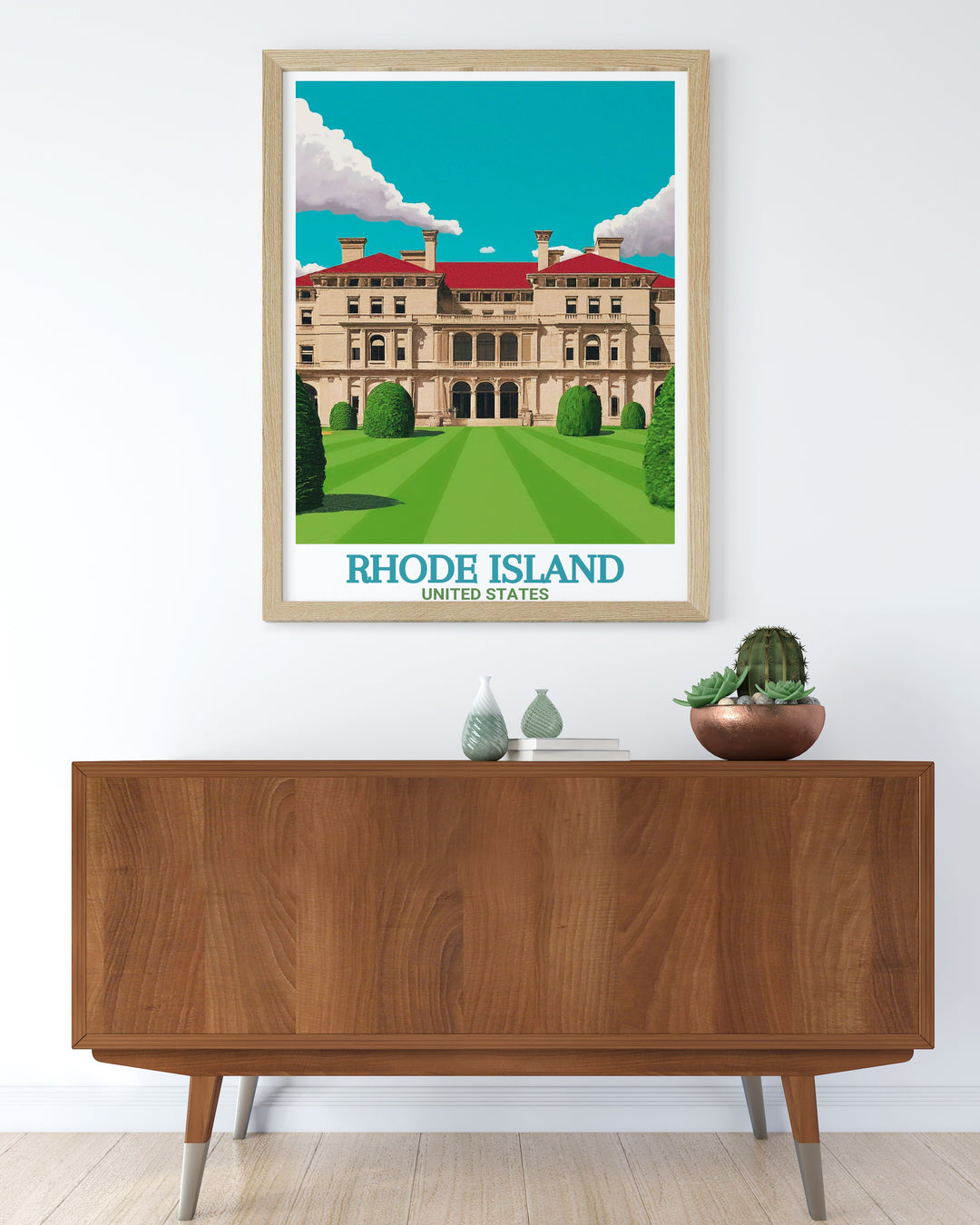 Featuring the stunning Breakers mansion in Rhode Island, this art print captures the grandeur of the states architectural heritage. Its the perfect addition to any space, offering a glimpse into the luxurious lifestyle of the Gilded Age in a refined and artistic way.