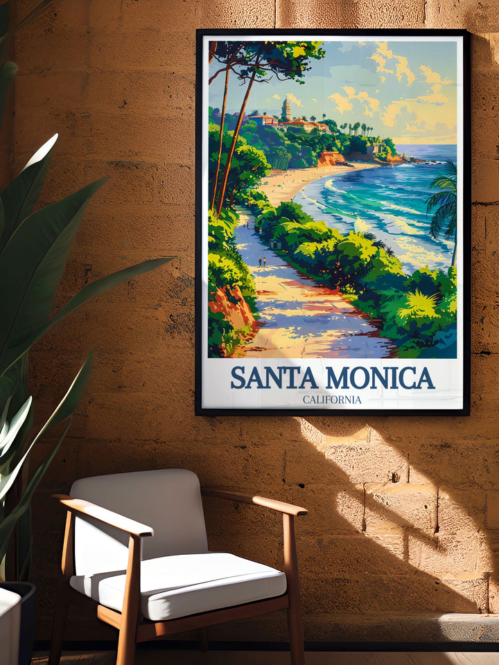 A stylish Santa Monica travel poster showcasing the iconic landmarks of the pier, Palisades Park, and Ocean Avenue. This print combines intricate details with a soft color palette, bringing a sense of relaxation and coastal beauty to your home or office decor.