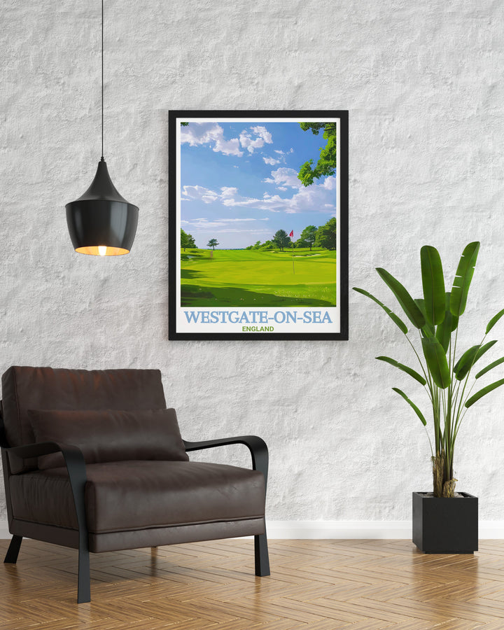 Experience the peaceful charm of Westgate on Sea with this detailed art print, featuring the lush greens and serene views of Westgate Golf Club. Perfect for golf lovers and coastal enthusiasts alike, this artwork adds a touch of elegance to any décor.