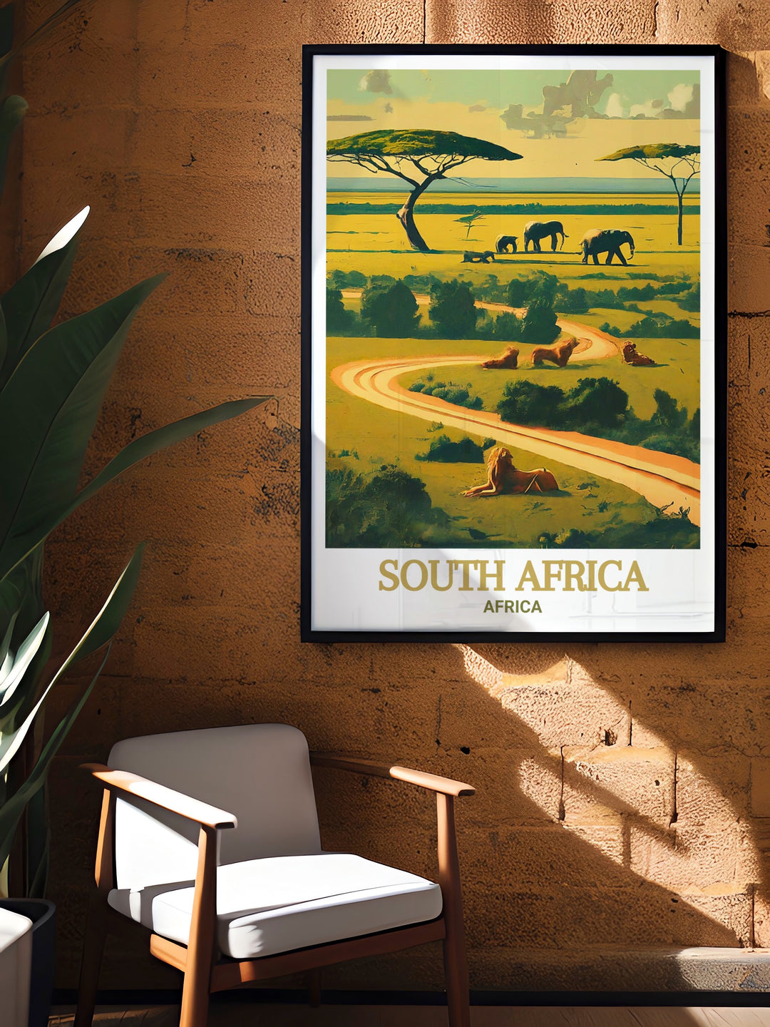 Kruger National Park travel poster featuring the scenic beauty of South Africas vast landscapes and diverse wildlife. This print captures the essence of a safari experience, perfect for nature lovers and adventure enthusiasts. A timeless piece for home decor celebrating Africa.