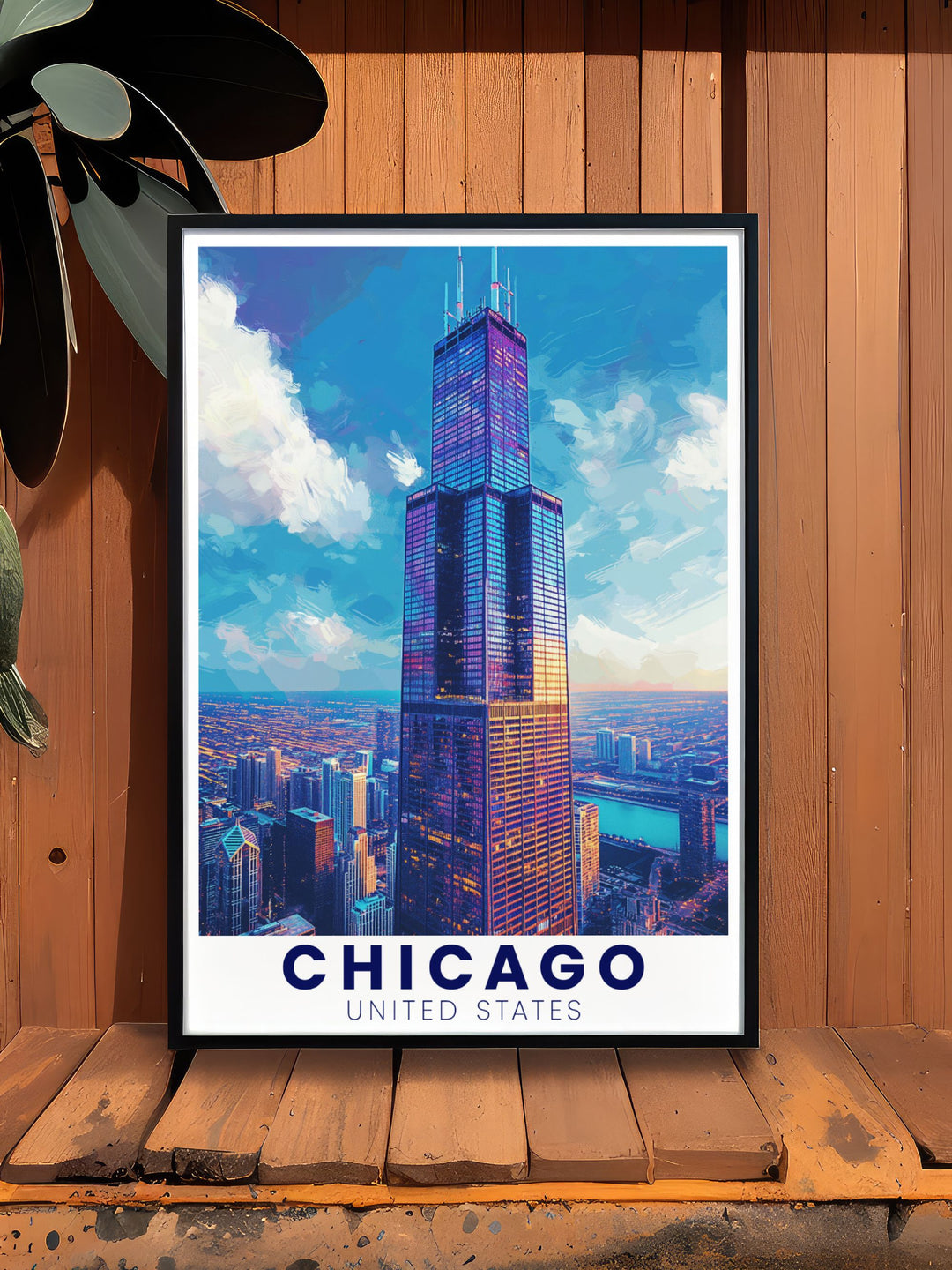 A captivating Chicago skyline poster with Willis Tower offering a blend of urban and historic elements perfect for travel posters and personalized Chicago gifts.