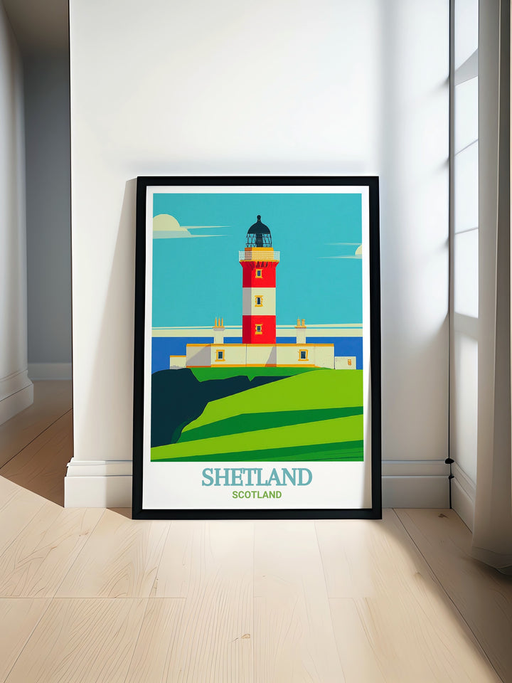 Custom Print of Sumburgh Head Lighthouse in the Shetland Islands, offering a personalized portrayal of this iconic Scottish landmark. The artwork celebrates Scotlands coastal heritage, making it a meaningful gift for anyone with a connection to Shetland or a love for maritime history.