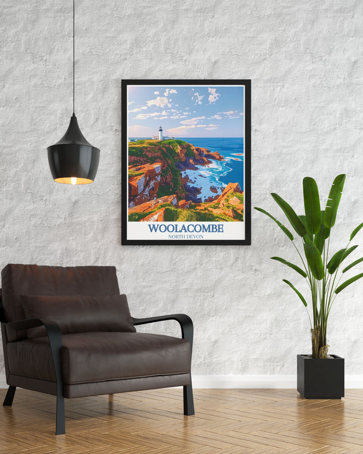 Beautiful framed print of Morte Point and Bull Point Lighthouse highlighting the captivating views of Devon perfect for enhancing any room with its natural beauty and sophistication an excellent gift for travelers and art lovers