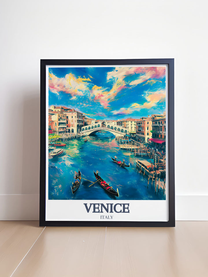 A beautiful Venice poster print showcasing the historic Rialto Bridge and the breathtaking Grand Canal. This stunning wall art captures the essence of Venices waterways and architecture, making it perfect for Italy lovers and travelers alike.