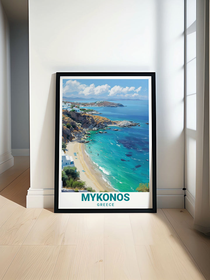 Discover the beauty of Elia Beach with our Mykonos travel poster print showcasing the vibrant city color palette and stunning modern art perfect for home decor and gifts