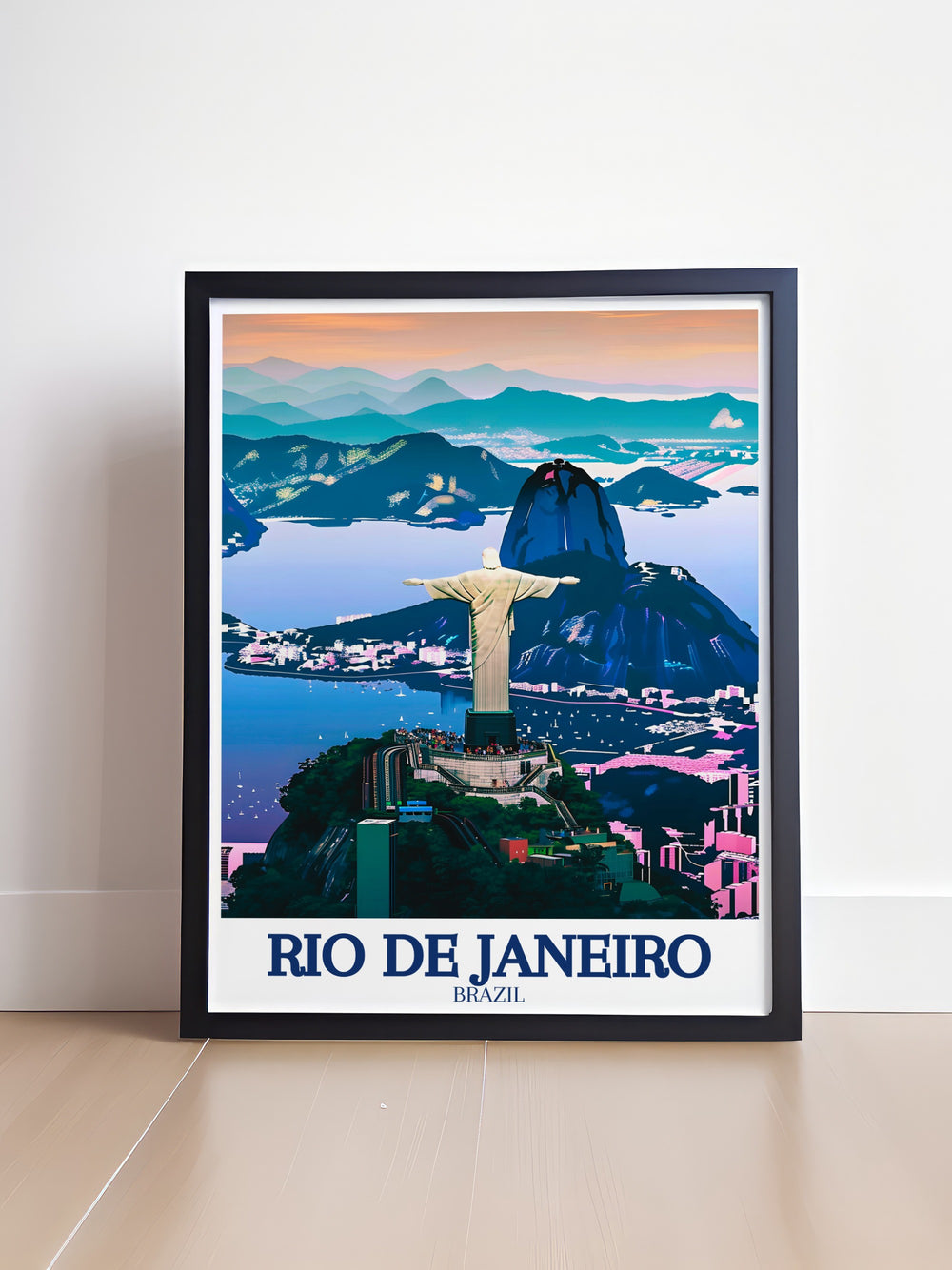 Sugarloaf Mountain travel poster illustrating the breathtaking views and unique character of Rio De Janeiro. This artwork is a beautiful addition to any room, celebrating the natural and cultural wonders of Brazil.