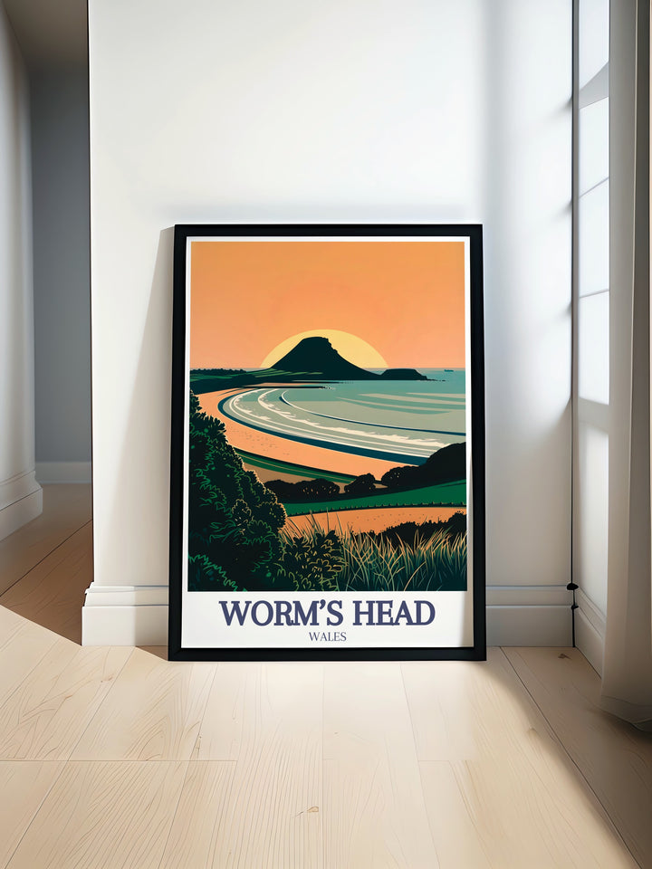 Worms Head Print features the breathtaking tidal island off the Gower Peninsula, with Rhossili Bay in the background. This wall art is ideal for anyone who loves the beauty of the UKs coastline, providing a peaceful and scenic atmosphere for your home or office.