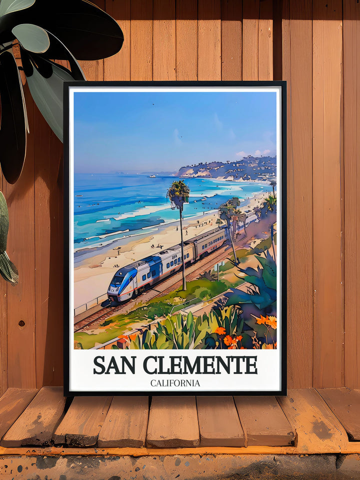 Modern Art Print of San Clemente highlighting the iconic Railfanning train San Clemente pier. This vibrant piece is perfect for living room decor adding a unique and stylish touch to your space.