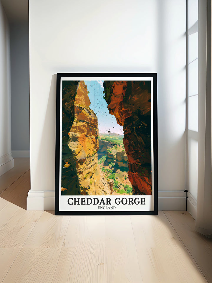 The Mendip Hills wall art print showcases the dramatic cliffs of Cheddar Gorge, paired with the stunning views of Somersets countryside and Cheddar show caves, making it a must have for fans of outdoor adventure and natural landscapes.