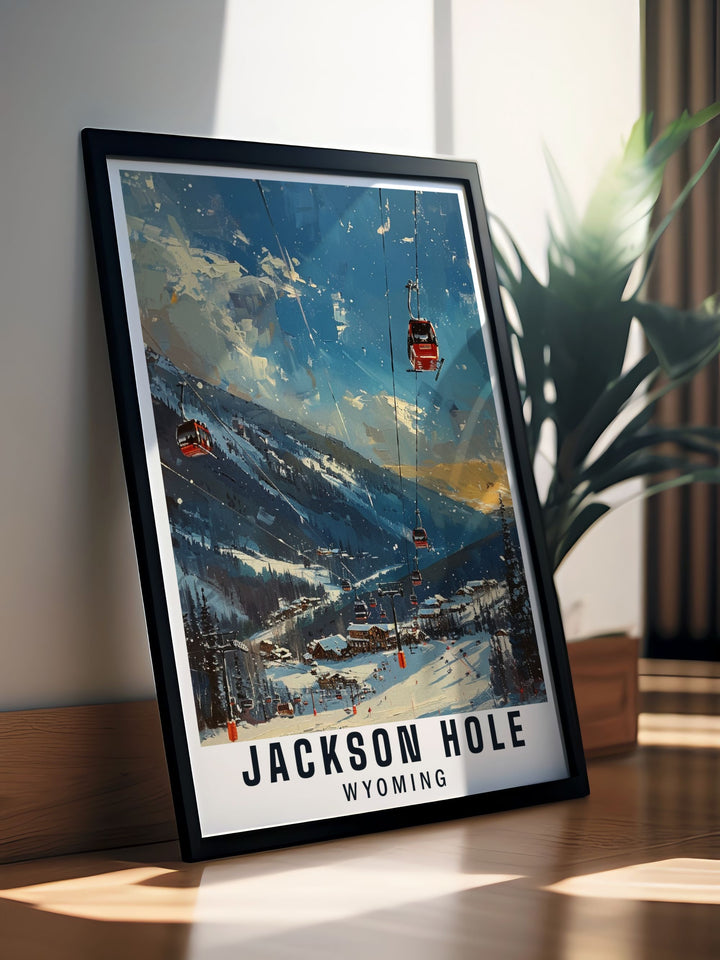 The vibrant colors and detailed illustrations of Jackson Hole and its Mountain Resort are captured in this poster, celebrating Wyomings scenic splendor.