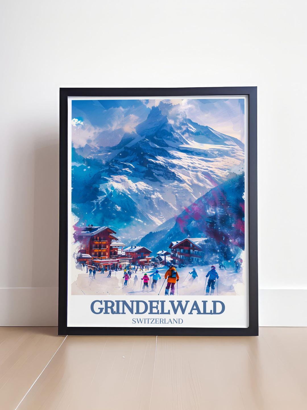 This detailed travel poster of Grindelwald showcases the stunning landscapes and serene atmosphere of the Swiss Alps, perfect for adding a touch of alpine beauty to your home decor.