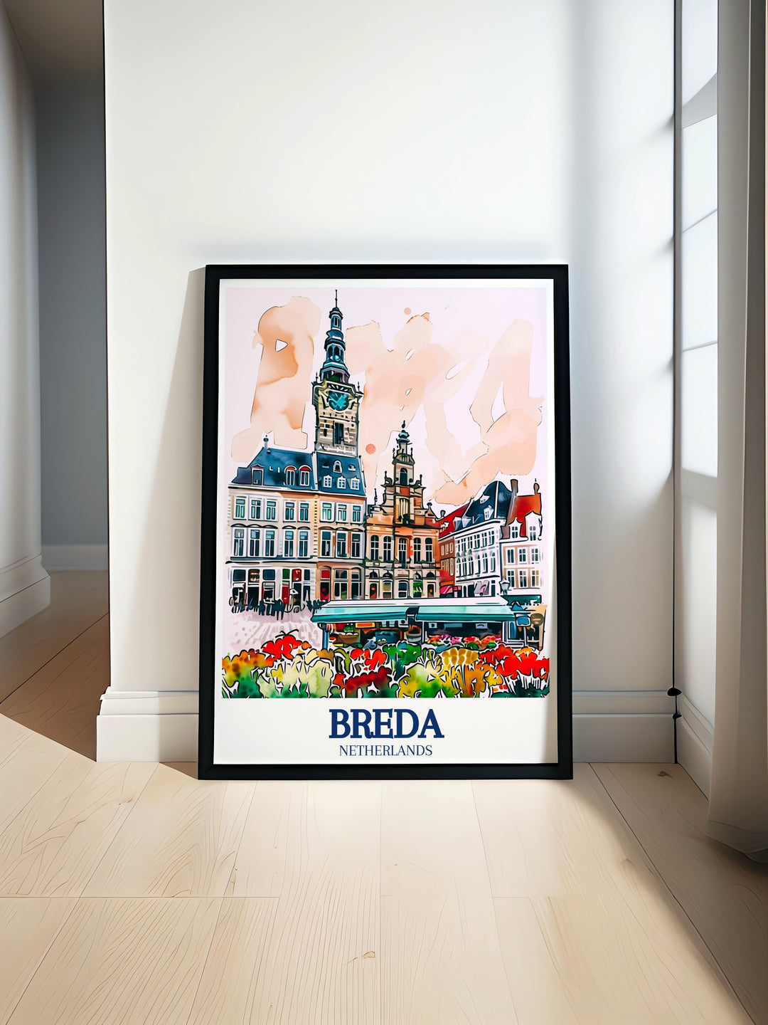 Breda Grote Market Square and City Hall are beautifully portrayed in this Netherlands artwork. This print is perfect for enhancing your home or office with its detailed depiction of Dutch architecture offering a unique and elegant touch to your decor.