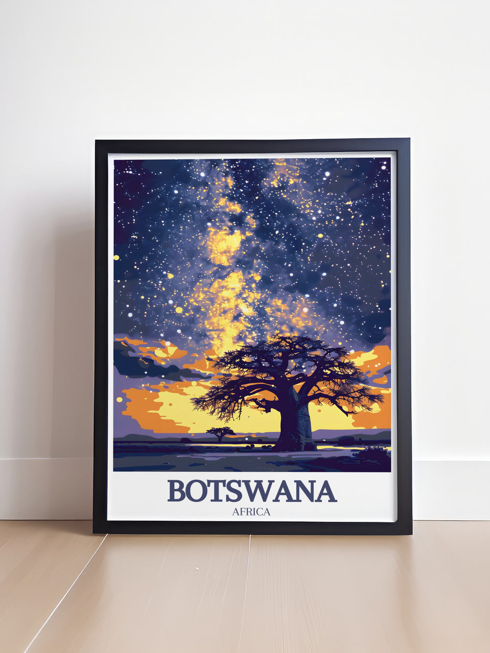 Botswana travel art showcasing the Kalahari basin and Makgadikgadi Pans. Enhance your home with breathtaking Botswana posters and prints that bring the serenity and natural wonders of these iconic landscapes to your walls.