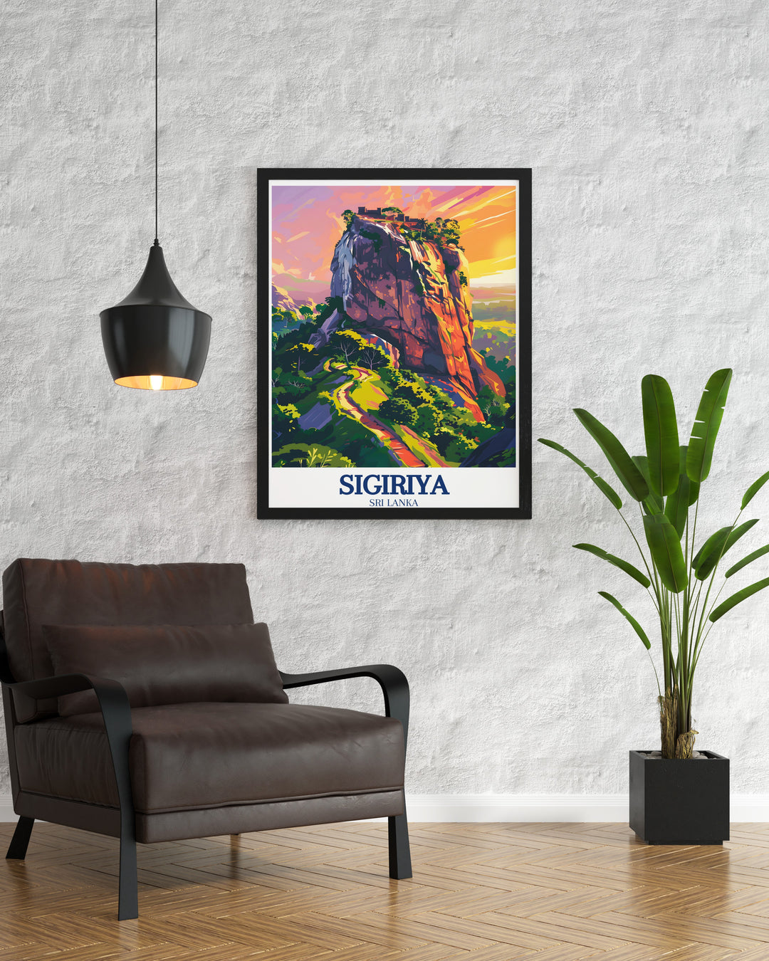 Wall poster of Sigiriya, Sri Lanka, focusing on the dramatic rise of Lions Rock and the surrounding natural landscape. This print is ideal for adding a sense of adventure and cultural appreciation to your interior design.