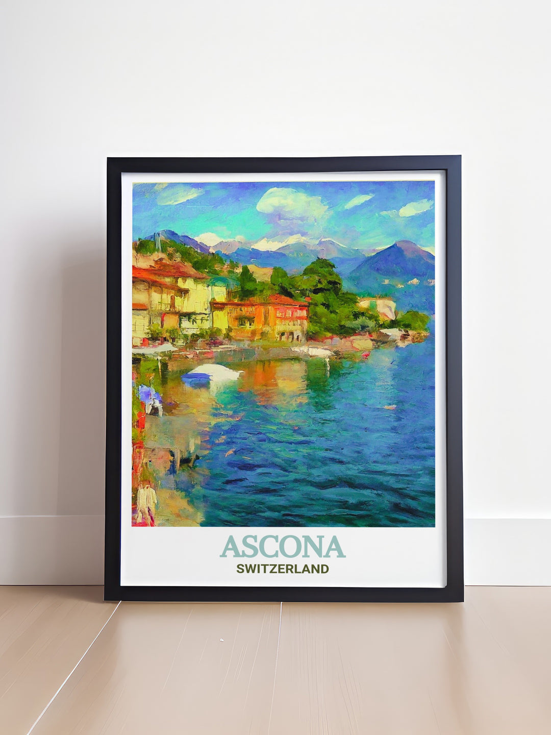 Wall poster of Asconas Promenade Lungolago, highlighting the serene lakeside atmosphere and colorful architecture that define this iconic Swiss destination. Perfect for travel lovers and art enthusiasts, this poster brings a calming touch of Swiss charm into any space.