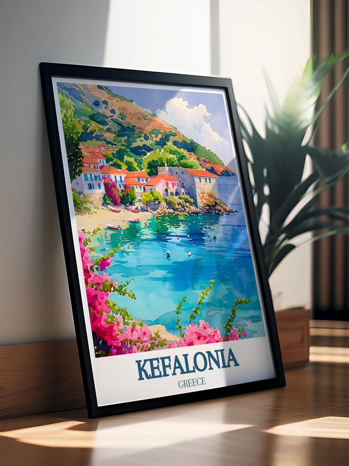 A vibrant travel print featuring Kefalonia, emphasizing its dramatic landscapes, pristine beaches, and charming villages. The colorful illustration celebrates the islands natural beauty and cultural heritage.