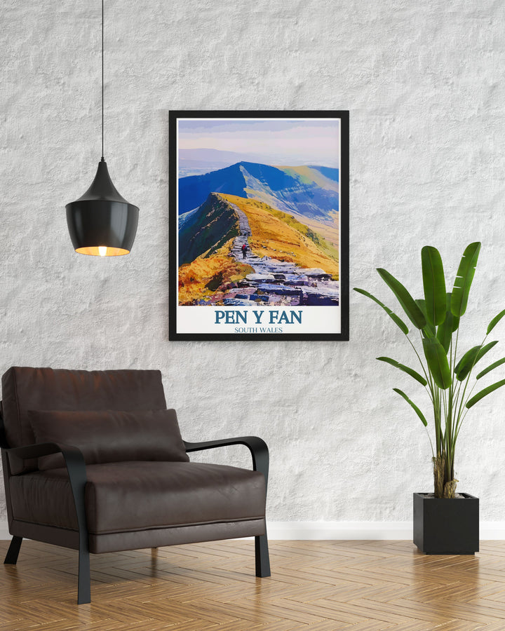 Beautiful Brecon Beacons artwork featuring the majestic Pen Y Fan Mountain. This National Park print is a perfect addition to any nature themed home decor and a great gift for hiking enthusiasts.