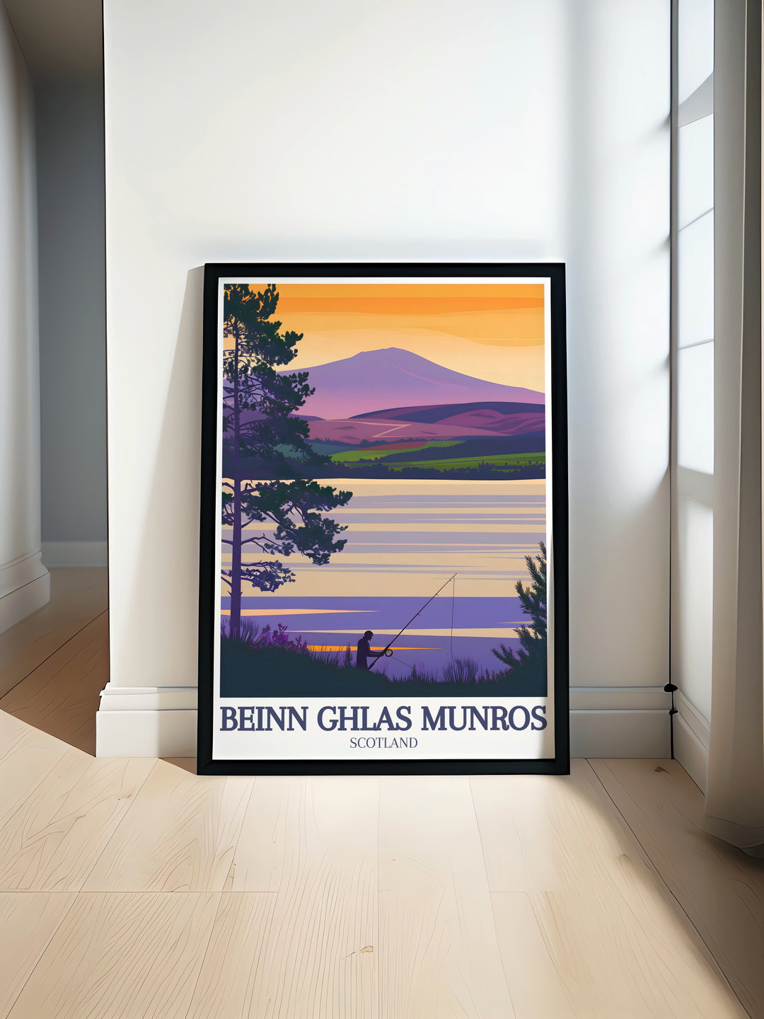 Vintage travel print featuring Beinn Ghlas Munro and Ben Lawers Munro with Loch Tay in the Scottish Highlands showcasing the majestic beauty and tranquil scenery of Scotlands rugged landscapes.