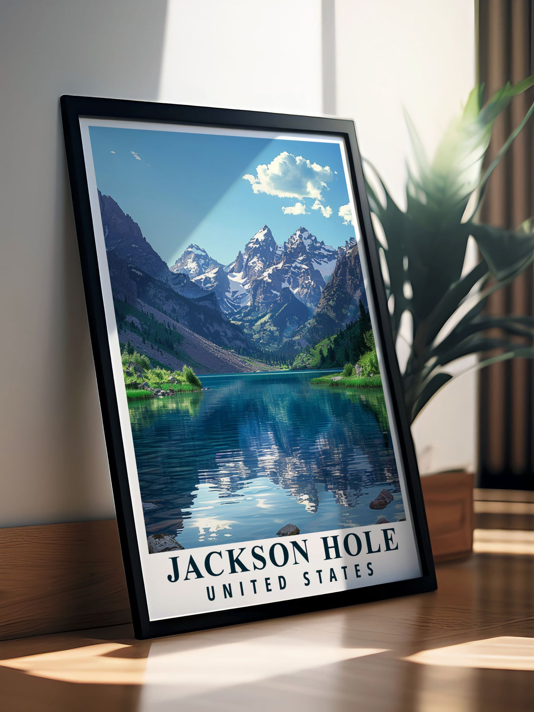 This Jackson Hole art print showcases the stunning peaks of Grand Teton National Park and the outdoor paradise of Wyoming. The perfect travel poster for lovers of skiing, hiking, and national parks, this print brings the spirit of adventure into your home.