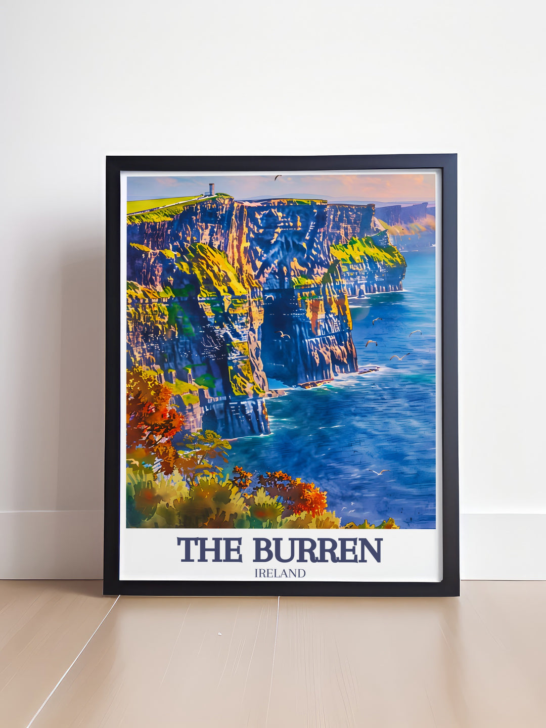 Captivating Burren National Park County Clare poster showcasing the stunning landscapes alongside the majestic Cliffs of Moher Atlantic Ocean ideal for home decor and a perfect gift for any occasion