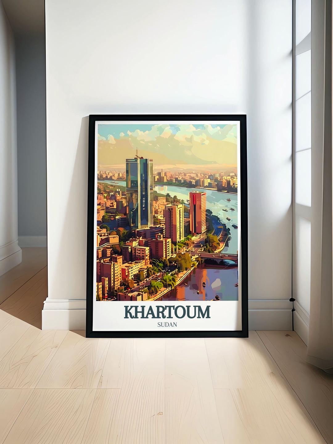 Khartoum travel poster print featuring the NTC tower Nile River and city center perfect for elegant home decor