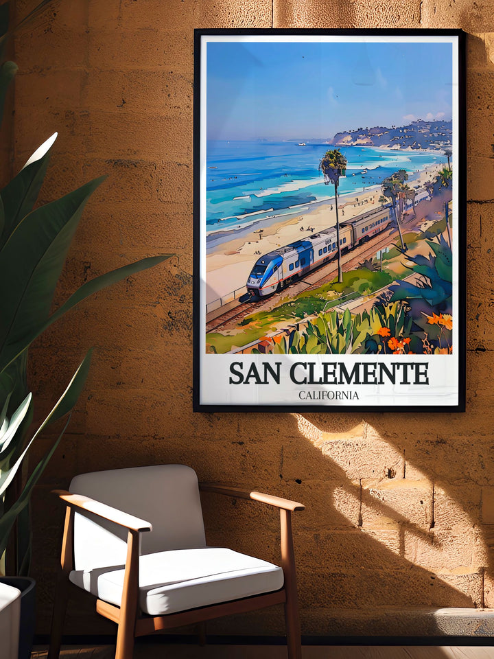 San Clemente Decor showcasing the Railfanning train San Clemente pier. This fine line print is ideal for wall art adding a touch of elegance and modernity to your home perfect for special occasions.