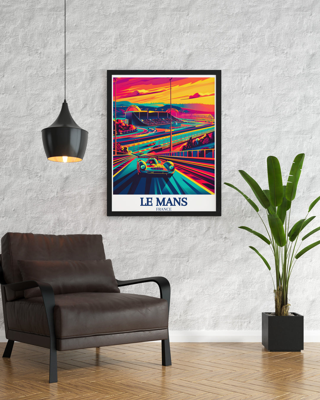 This travel print of Le Mans showcases the historic Circuit de la Sarthe, making it an ideal addition to any space for those who appreciate the excitement and culture of French motorsport.