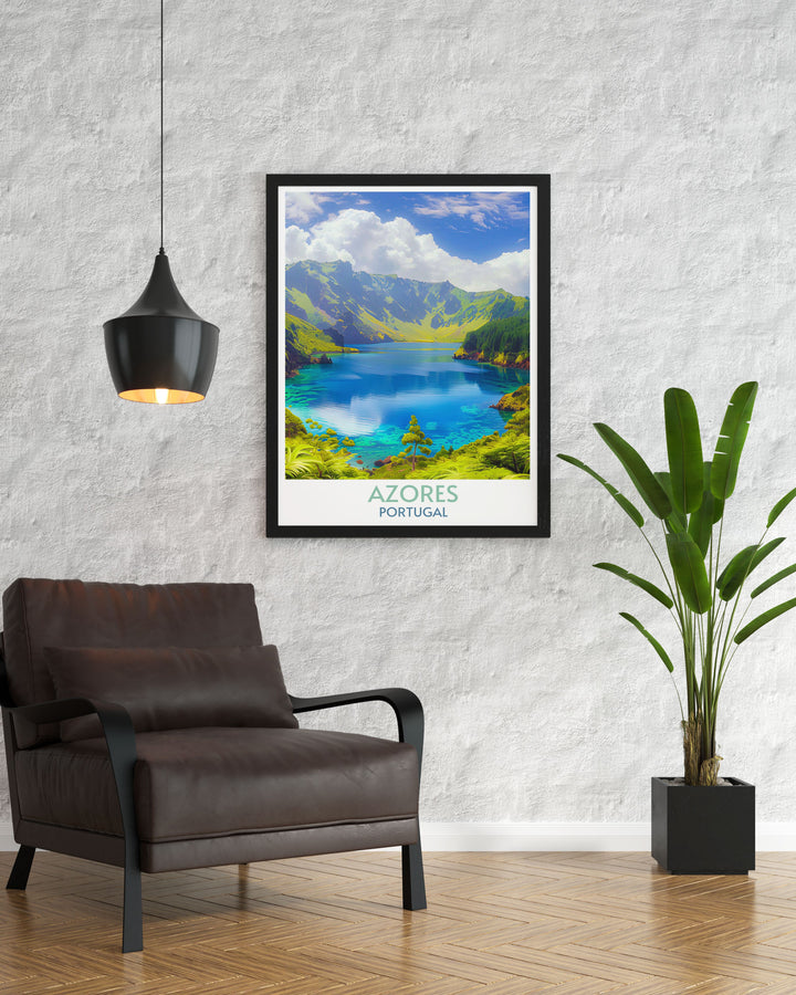 Fine line art print of Lagoa do Fogo, Azores, displaying the serene volcanic landscape, suitable for sophisticated wall decor.