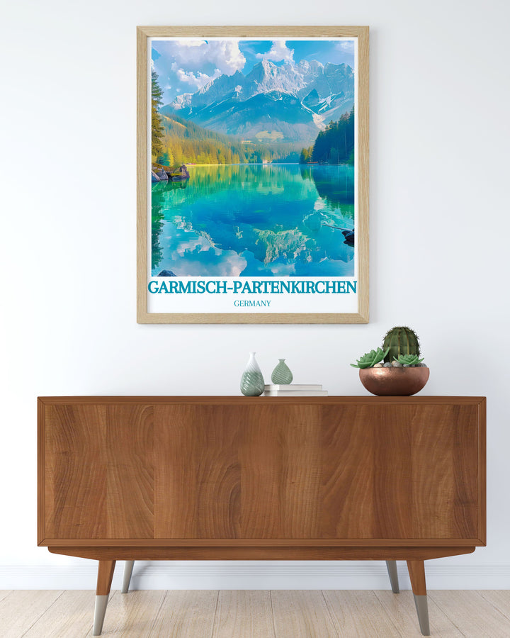 Vintage poster of Garmisch Partenkirchen, illustrating the towns historic charm, vibrant culture, and scenic beauty, ideal for those who appreciate the blend of history and modernity in one of Germanys most beloved destinations.