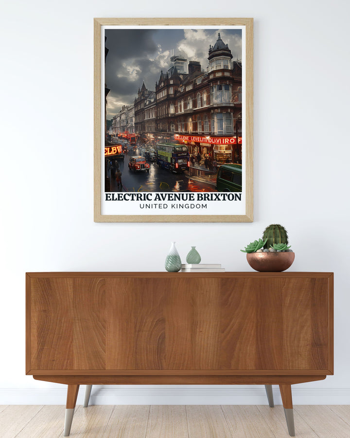 Electric Avenue is highlighted in this travel poster, capturing its lively charm and the vibrant spirit of Brixtons streets, perfect for your living space.